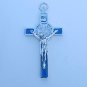 Italy Blue Enamel St Benedict Crucifix Pendant INRI Jesus Medal Catholic Cross